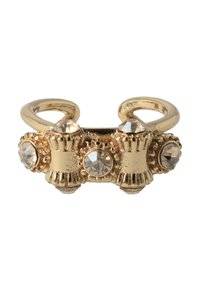 Gouden ring met drie gestructureerde pilaren,accente met heldere rhinestones. Circulaire openingen aan elk uiteinde voor gemakkelijk dragen.