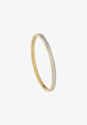 Gold bangle bracelet with a slim design, featuring a row of sparkling clear stones along one side and a smooth, polished surface.