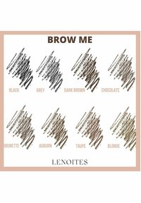 Brynprodukter swatches, der viser otte nuancer: Sort, Grå, Mørkebrun, Chokolade, Brunette, Kastanjebrun, Taupe og Blond i forskellige teksturer.