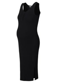 Schwarzes Umstandskleid mit figurnahem Schnitt, ärmellosem Design, V-Ausschnitt, Knopfdetails und seitlichen Schlitzen für Bewegungsfreiheit.