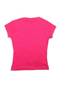 T-shirt ajusté à manches courtes en coton rose vif, présentant une texture simple et lisse ainsi qu'une encolure ronde classique, montrant l'arrière.