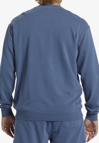 Felpa blu realizzata in un materiale morbido, con scollatura a girocollo, polsini e orlo a coste, e una vestibilità comoda, mostrata da dietro.
