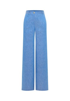 Light blue high-waist wide-leg trousers with belt loops and a single button closure at the waist.