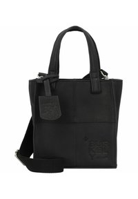 Schwarze Lederhandtasche mit zwei kurzen Griffen, abnehmbarem Schulterriemen, geprägtem Logo und einem kleinen Anhänger. Strukturierter Entwurf mit Nähten.