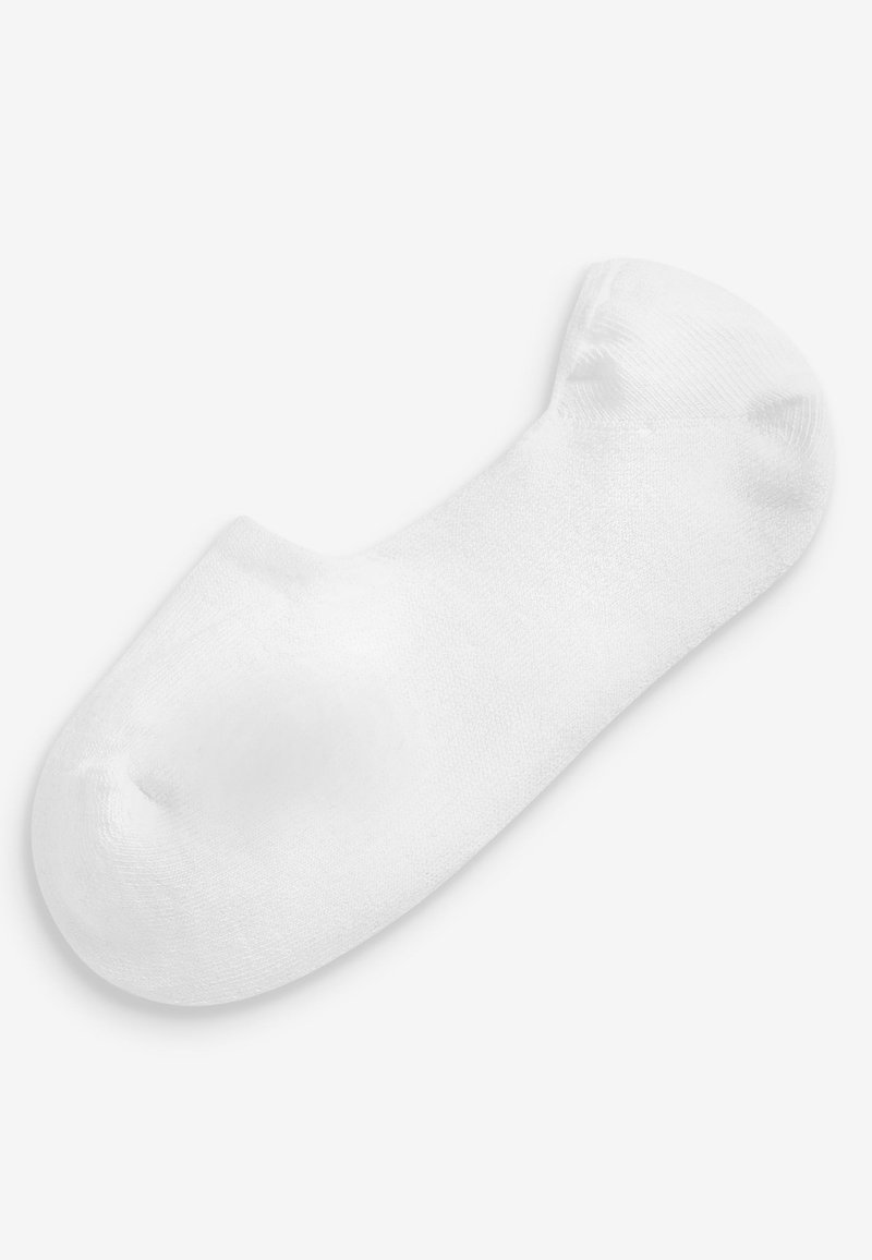 Bjela pamučna čarapa, niskog kroja, bez šavova na prstima, meke teksture, glatke površine, zaobljenog oblika i minimalističkog stila.