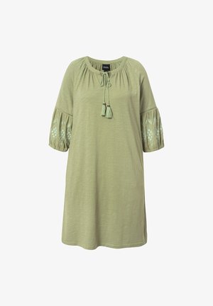 Lichtgroene jurk tot de knie met een ronde halslijn, een trekkoordsluiting en korte pofmouwen met geborduurde bloemenpatronen.
