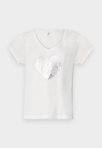 T-shirt blanc avec un col en V, orné d'un design de cœur en motif zèbre argenté au centre. Manches courtes, en coton doux.
