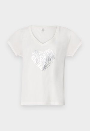 Hvit t-skjorte med V-hals, med et sølvfarget zebra-mønster hjerte designet i midten. Korte ermer, myk bomullsstoff.