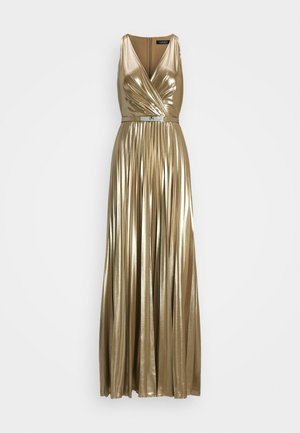 Maxi dress in metallic gold, featuring a v-neckline, pleated skirt, and belted waist with a silver accent detail. Smooth, shiny texture.