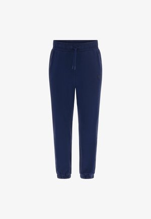 Donkerblauwe joggingsbroek gemaakt van zachte stof, met een elastische tailleband met koord, taps toelopende enkels en een zijzak.