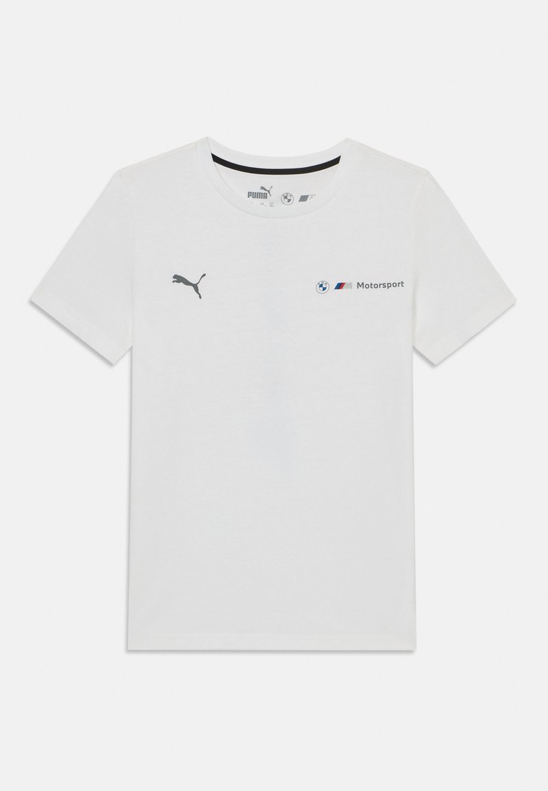 Balta medvilnės marškinėlė su apvaliu iškirpimu. Priekyje yra pilka Puma logotipas ir BMW Motorsport tekstas. Trumpomis rankovėmis, standartinio kirpimo.