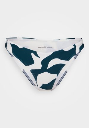 Tengerés bikini szabású alsó sötétkék és fehér absztrakt mintával, sima elasztikus anyagból készült, vékony elasztikus derékpánttal és hálós betétekkel.