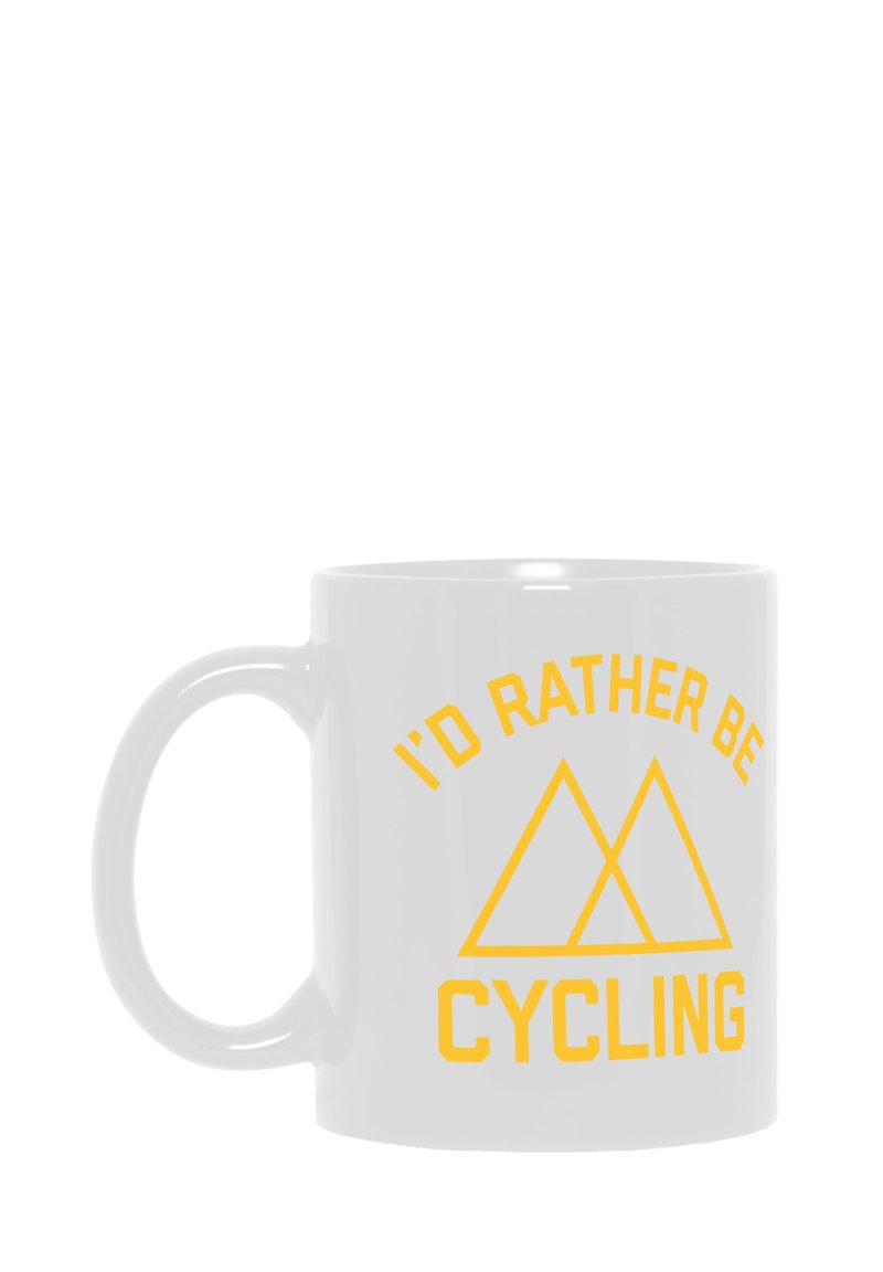 Taza de cerámica blanca con texto amarillo que dice "PREFERIRÍA ESTAR MONTANDO EN BICI" sobre dos formas de montañas triangulares. Superficie lisa, asa redonda.