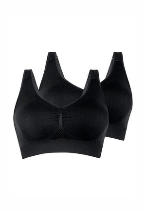 Due reggiseni neri wireless senza cuciture con spalline larghe e fasce di supporto, mostrati su sfondo bianco.