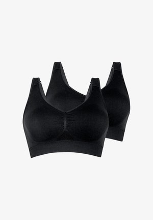 Due reggiseni neri wireless senza cuciture con spalline larghe e fasce di supporto, mostrati su sfondo bianco.