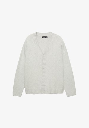 Hellgrauer Cardigan aus weichem Stoff, mit V-Ausschnitt, fünfknopfverschluß, Rippbündchen und -saum sowie oversized Ärmel.