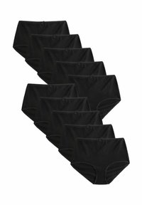 Pack mit zehn schwarzen Baumwollslips mit hoher Taille, elastischem Bund und kleinem Schleifendetail in der vorderen Mitte.