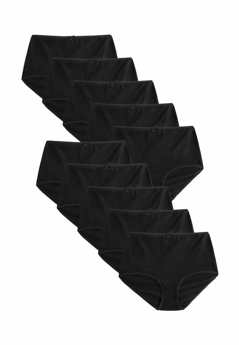 Pack mit zehn schwarzen Baumwollslips mit hoher Taille, elastischem Bund und kleinem Schleifendetail in der vorderen Mitte.