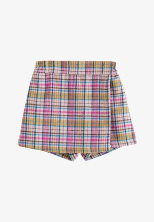 Uldne shorts med et flerfarvet ternet mønster i pink, blå og gule nuancer. De har en tætsiddende talje og en let udvidelse ved kanten.