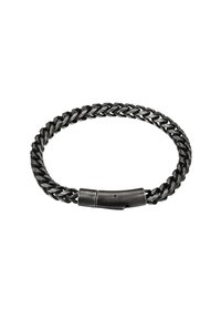 Bracciale intrecciato nero in metallo, con una chiusura cilindrica liscia. I link texturizzati creano un motivo uniforme e intrecciato.