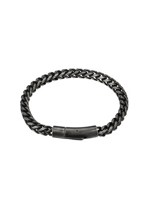 Brăță de metal împletită neagră, cu un închizător cilindric neted. Legăturile texturate formează un model uniform, împletit.