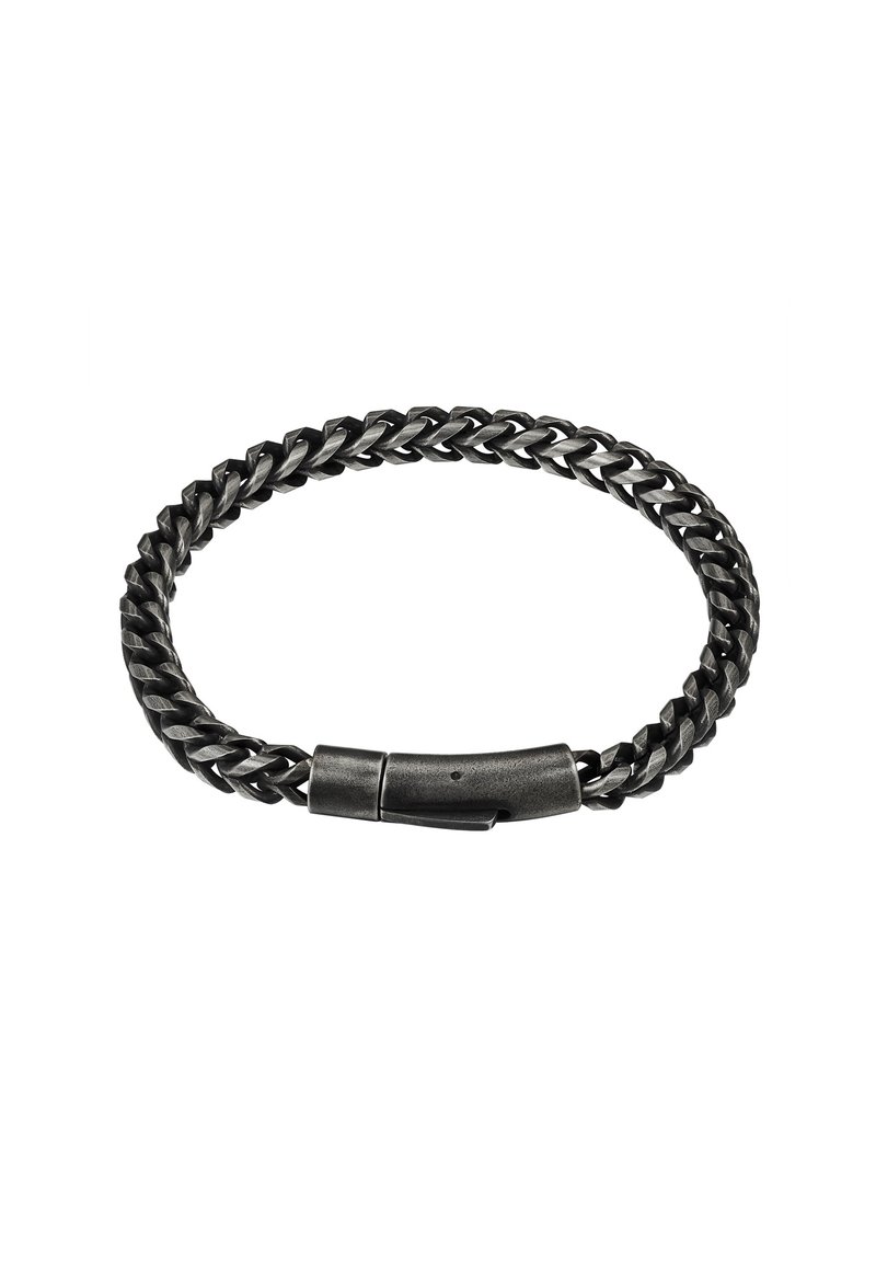 Bracciale intrecciato nero in metallo, con una chiusura cilindrica liscia. I link texturizzati creano un motivo uniforme e intrecciato.