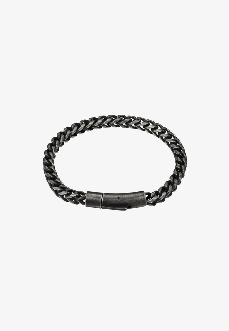 Bracciale intrecciato nero in metallo, con una chiusura cilindrica liscia. I link texturizzati creano un motivo uniforme e intrecciato.