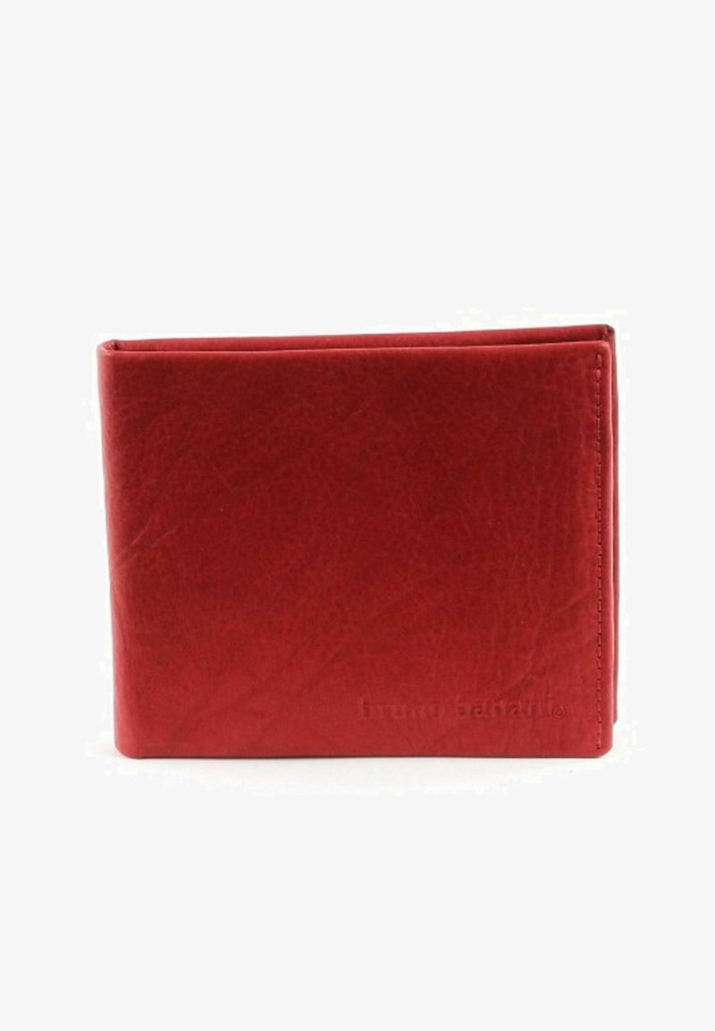Red leather wallet featuring a smooth texture, bi-fold design, and embossed logo on the front. Compact shape ideal for easy storage.