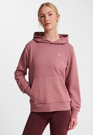 Sudadera rosa con un bolsillo delantero, puños y dobladillo acanalados. Presenta un pequeño logo. Tejido suave con una textura lisa.