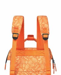 Orange backpack featuring leaf patterns, adjustable padded straps, a top handle, and a zippered side pocket. Durable materials.