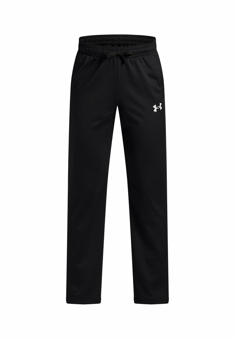 Schwarze Sporthosen mit elastischem Bund, verstellbarem Kordelzug und einem kleinen weißen Logo am unteren rechten Bein. Glatte Stoffoberfläche.