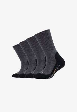 Fünf Paar graue Socken mit strukturiertem Muster, einem gepolsterten schwarzen Zeh und Ferse sowie Größen- und Brandingdetails an den Seiten.