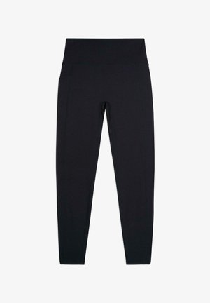 Zwarte sportlegging van rekbare stof, met een hoge tailleband en zijzakken met platte naden voor comfort en pasvorm.