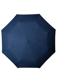 Navyblauwe paraplu met acht panelen, een gladde textuur en een centrale knop. Hij heeft een eenvoudig, solide ontwerp zonder patronen of accenten.