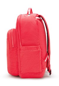 Červený látkový batoh se polstrovanou konstrukcí, dvěma předními kapsami se zipovým uzávěrem a nastavitelnými ramenními popruhy. Viditelný texturovaný povrch.