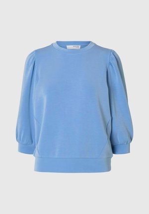 Lichtblauwe sweatshirt met een ronde halslijn, pofmouwen en een aansluitende zoom. Gemaakt van zachte stof met een subtiele glans.