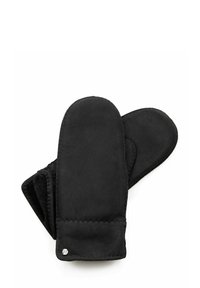 Schwarze Wildlederhandschuhe mit einer weichen Textur, abgerundeten Oberseiten und einer gestickten Akzentuierung. Mit einem kleinen silberfarbenen Logodetail nahe dem Bündchen.