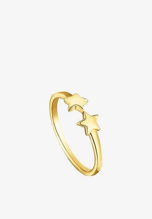 Anillo abierto de banda dorada con dos extremos en forma de estrella, acabado pulido y suave, diseño de joyería minimalista y moderno.