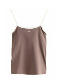 Brown cami top with white trim, made of smooth fabric. Features spaghetti straps and a small logo in the center.