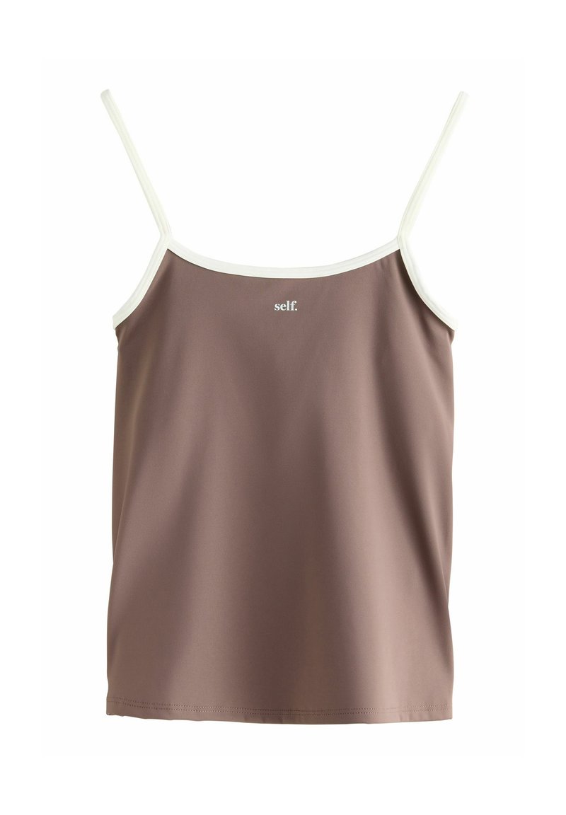 Brown cami top with white trim, made of smooth fabric. Features spaghetti straps and a small logo in the center.