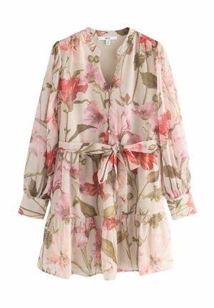 Floral dress in light beige fabric with pink and red flowers. Features a deep V-neck, long sleeves, buttons, and a tied waist belt.