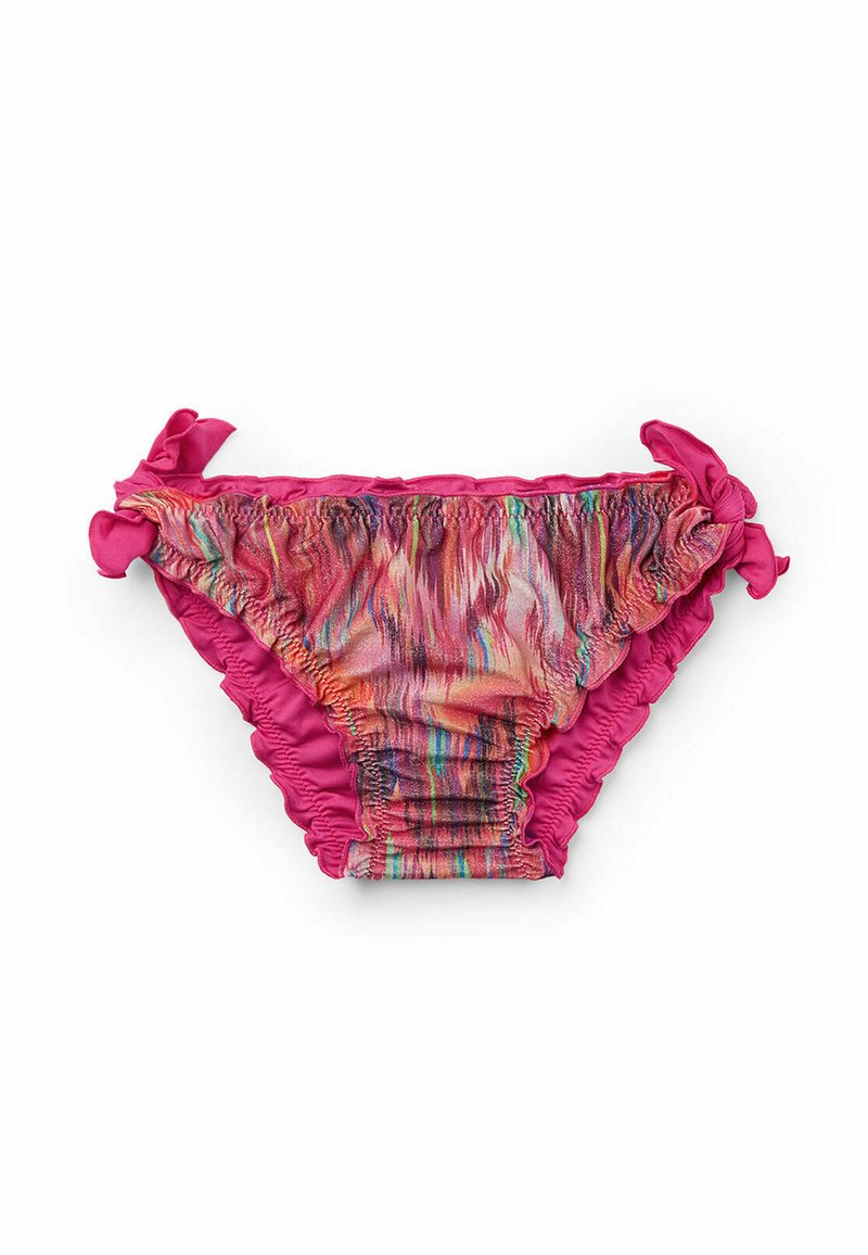 Dół bikini z różowymi falbankami, z kolorowym abstrakcyjnym wzorem w odcieniach czerwieni, pomarańczy i niebieskiego, ze sznurkami po bokach.