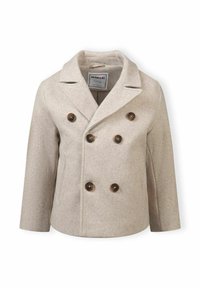 Beež villane kahe nupuga mantel, millel on klapi krae, tumedad pruunid nupud ja kaks küljetaskut, sile tekstuur ja struktuurne disain.