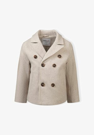 Cappotto doppiopetto beige in lana con colletto a revers, caratterizzato da bottoni marroni scuri e due tasche laterali, texture liscia e design strutturato.