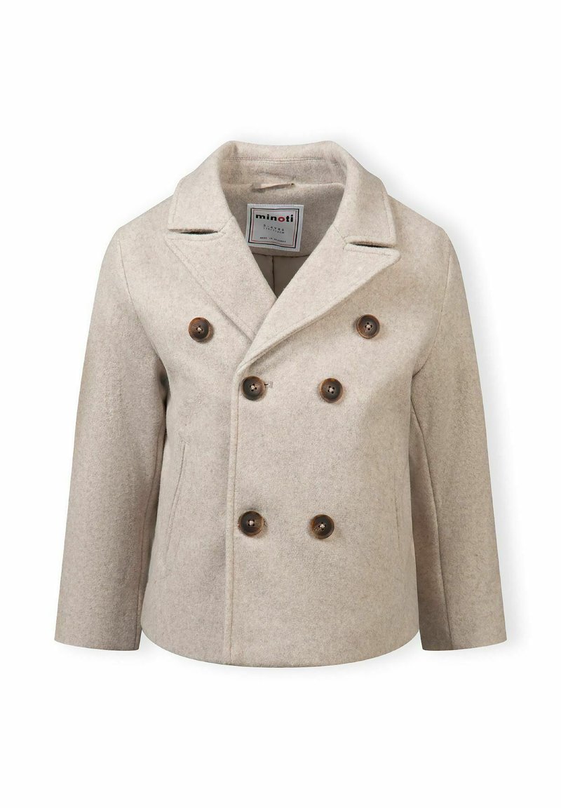 Beež villane kahe nupuga mantel, millel on klapi krae, tumedad pruunid nupud ja kaks küljetaskut, sile tekstuur ja struktuurne disain.