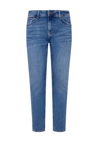 Jeans de mezclilla azul con un diseño de pierna recta, estilo de cinco bolsillos y cierre de botón. Presenta un lavado desgastado y detalles de costura sutiles.