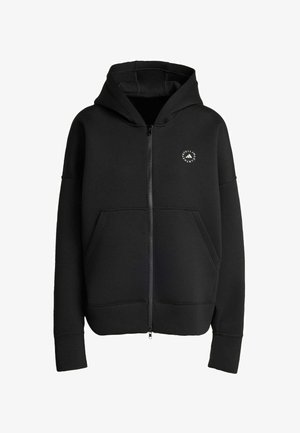 Čierna mikina na zips s prednými vreckami, dlhými rukávmi a malým okrúhlym bielym logom na ľavej hrudi.