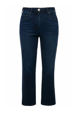 Jeans in denim blu scuro con design a gamba dritta, vita alta, cinque tasche e chiusura con bottone. Tessuto liscio, senza segni di usura visibili.