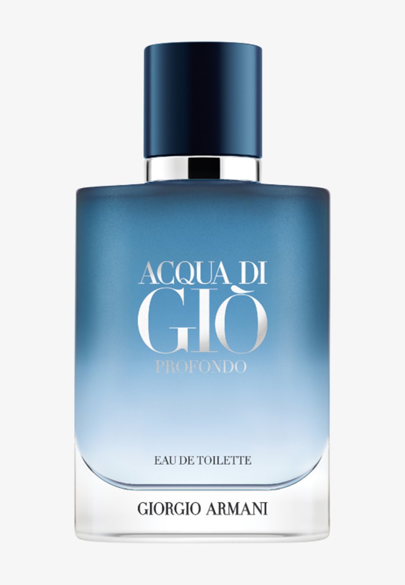 Blauw verloop flesje Acqua Di Giò Profondo Eau de Toilette van Giorgio Armani met zilveren en zwarte dop.