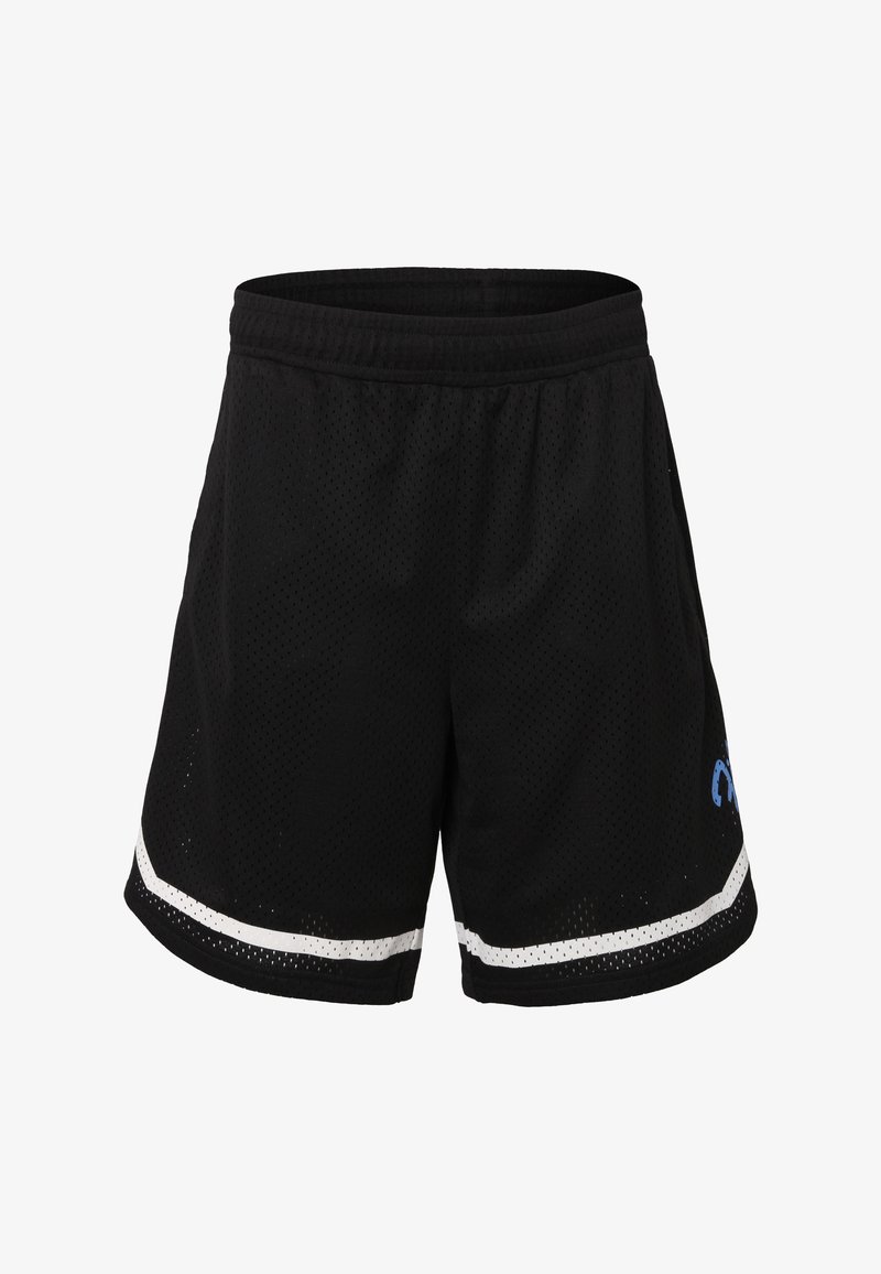Shorts de sport noirs en tissu mesh, avec un ourlet à rayures blanches et un logo bleu sur la jambe gauche. Taille élastique pour un confort optimal.